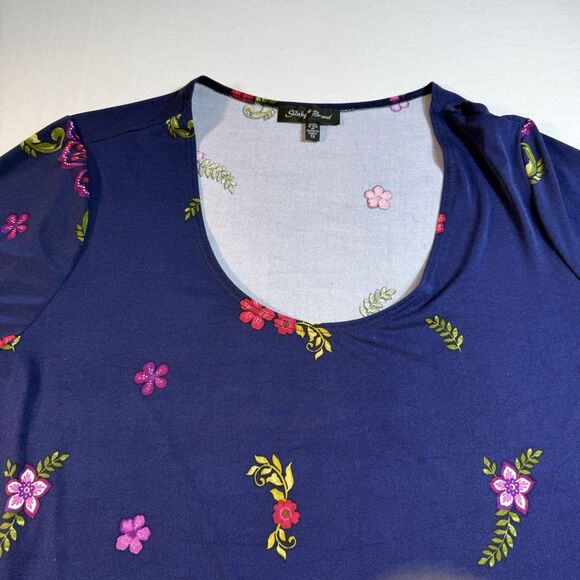 Plus Size Slinky Brand Stretchy Blue & Red Floral Top Size 1X Flattering Shaping - Picture 15 of 16